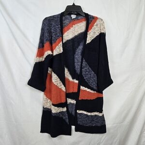 Chico’s Womens Colorful Abstract Print 3/4 Sleeve Open Front Knit Cardigan Small